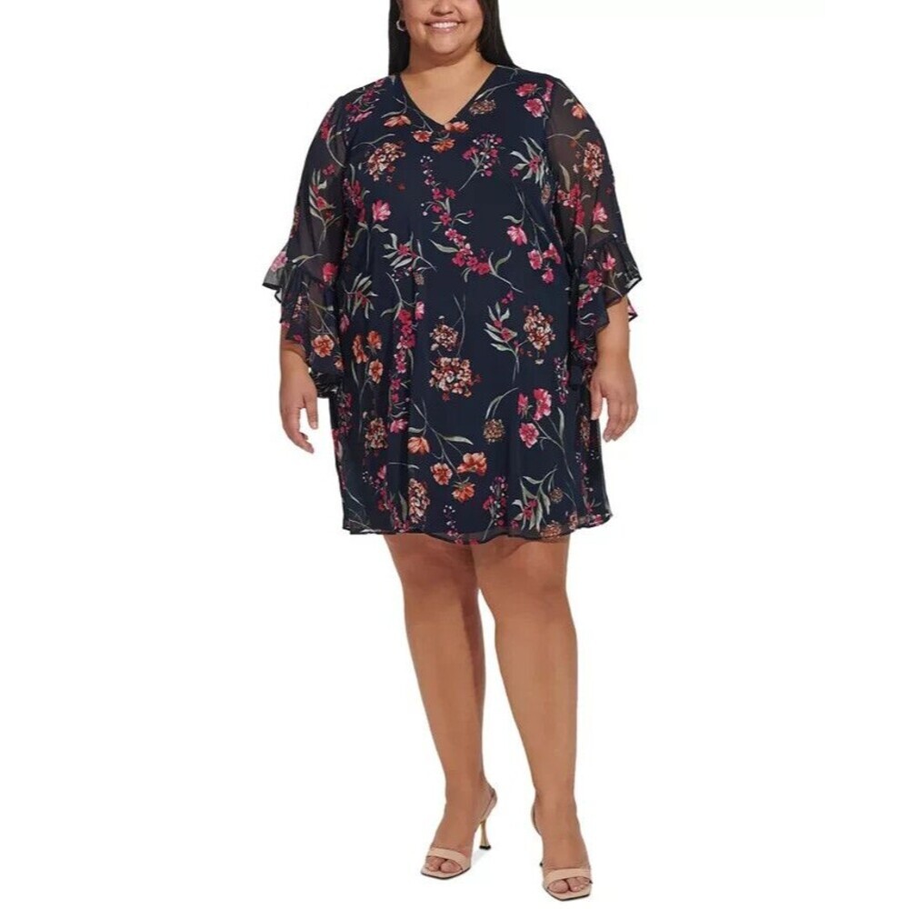Calvin Klein Women's Plus Size Floral Chiffon Bell-Sleeve Dress Navy Multi 22W